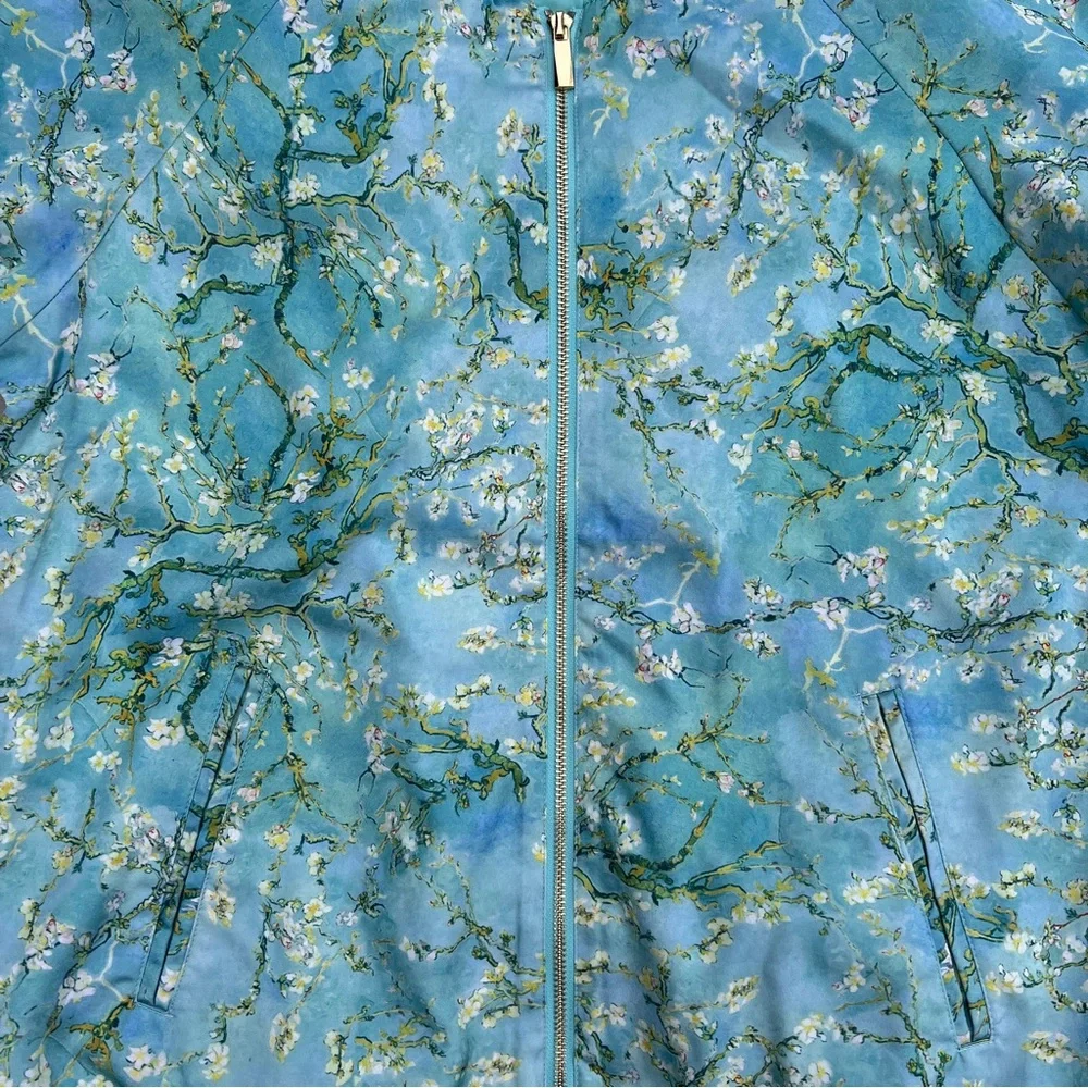 Immersive Van Gogh Cherry Blossom Turquoise Satin Floral Bomber Jacket NWOT - Picture 4 of 8
